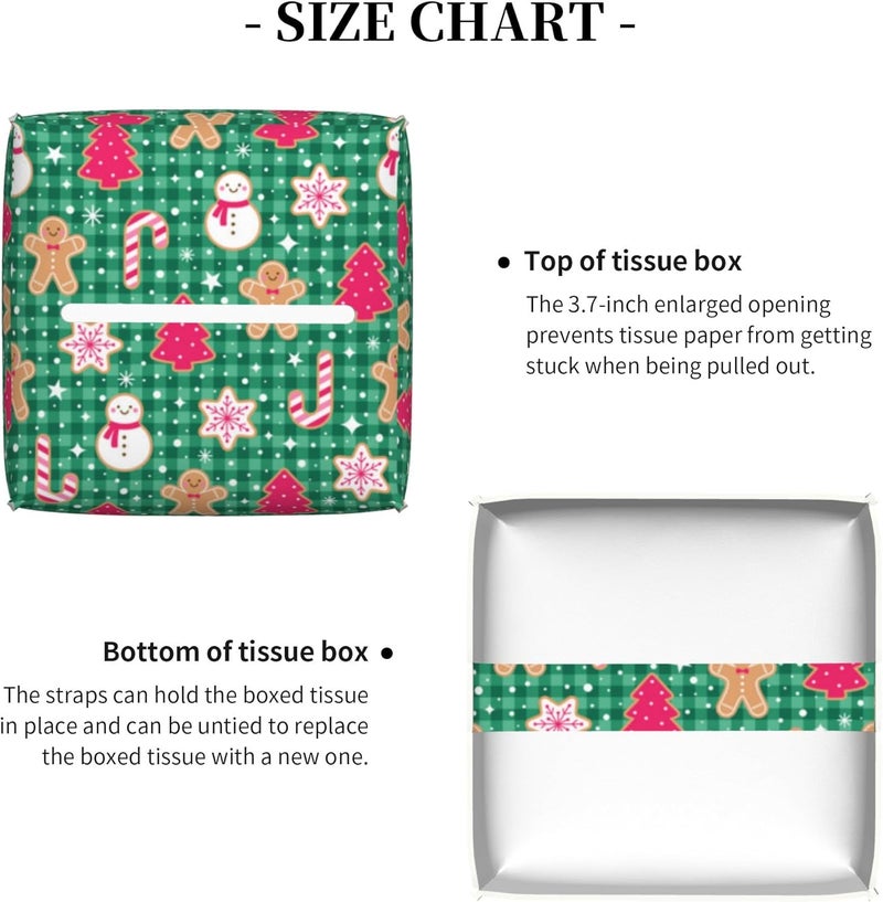 sndheke Christmas Gingerbread and Snowman Tissue Box Cover Square,Merry Christmas Snowflakes Candy Canes Tissue Box Holder Waterproof Leather Facial Paper Organizer for Car Bathroom Nightstand Vanity Desk - Image 5